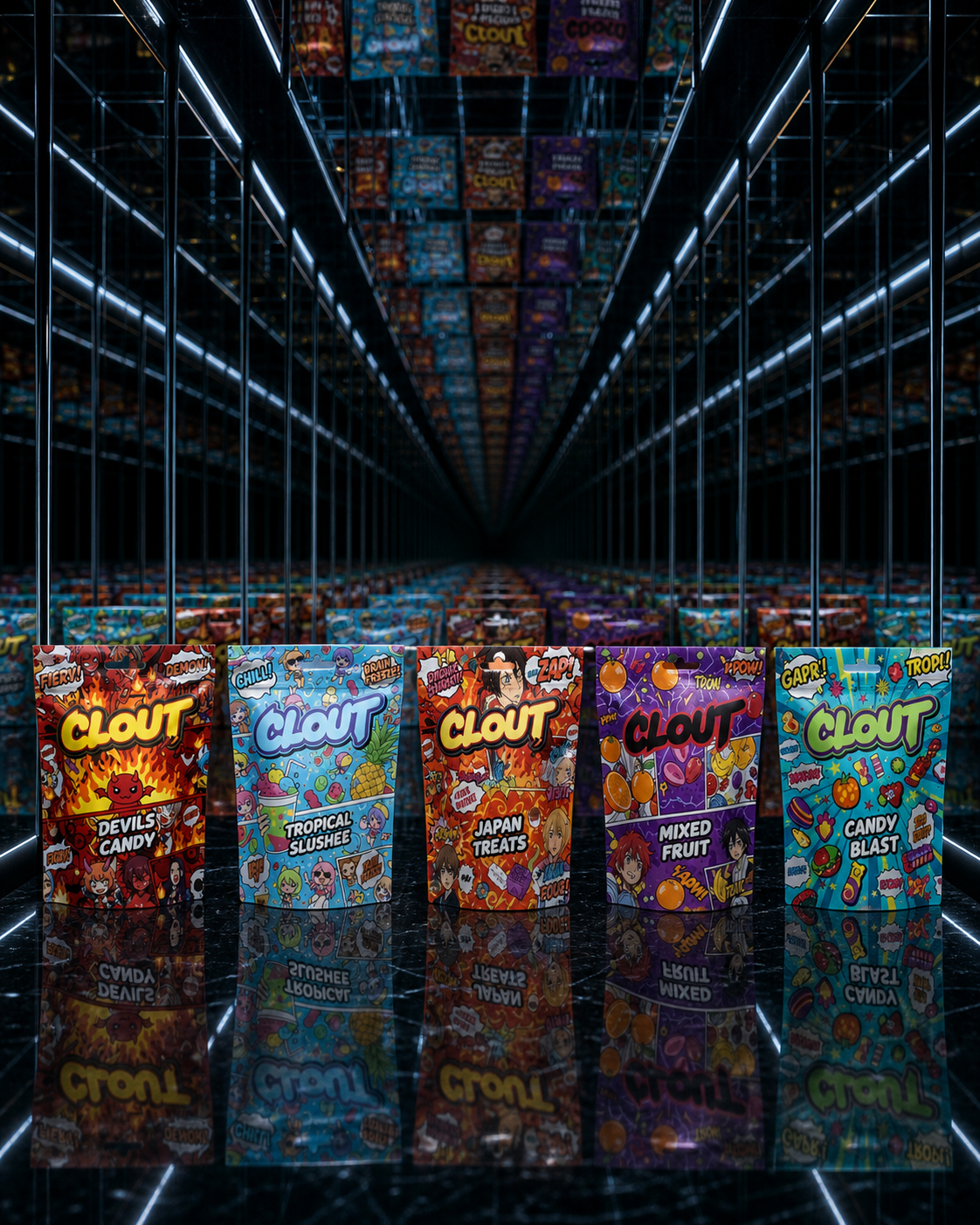 All five CLOUT bags lined up in a mirrored infinity corridor