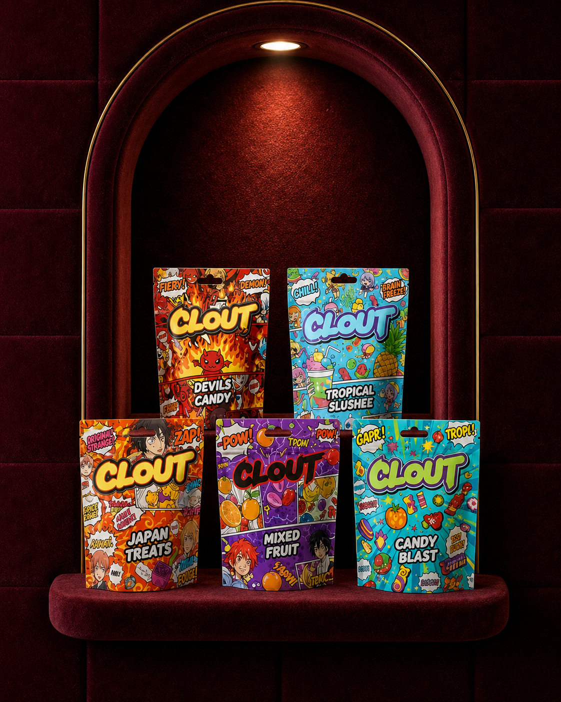 All five CLOUT flavors arranged together in a deep-burgundy velvet arched niche