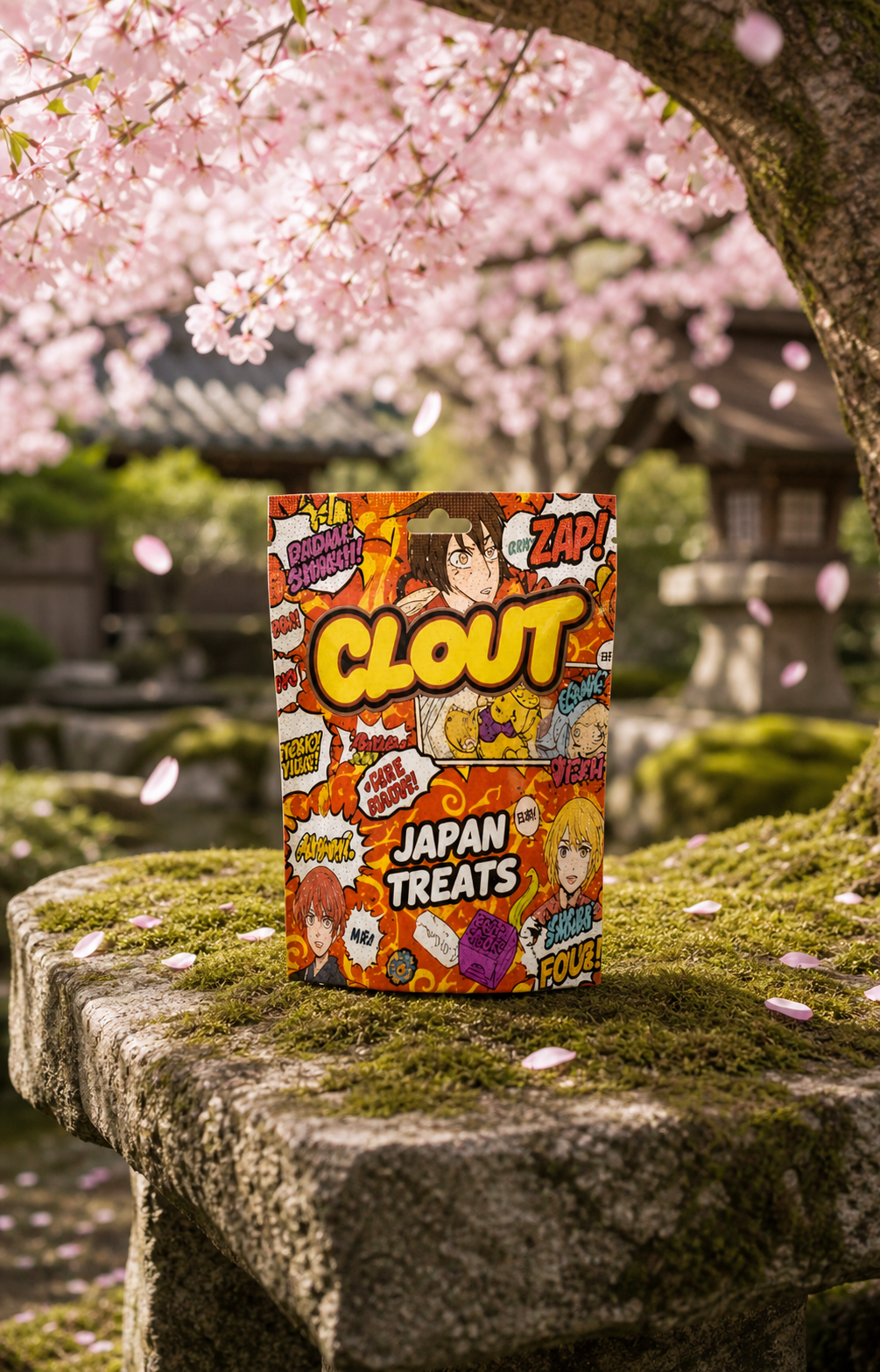 Japan Treats CLOUT bag under cherry blossoms in a Japanese garden