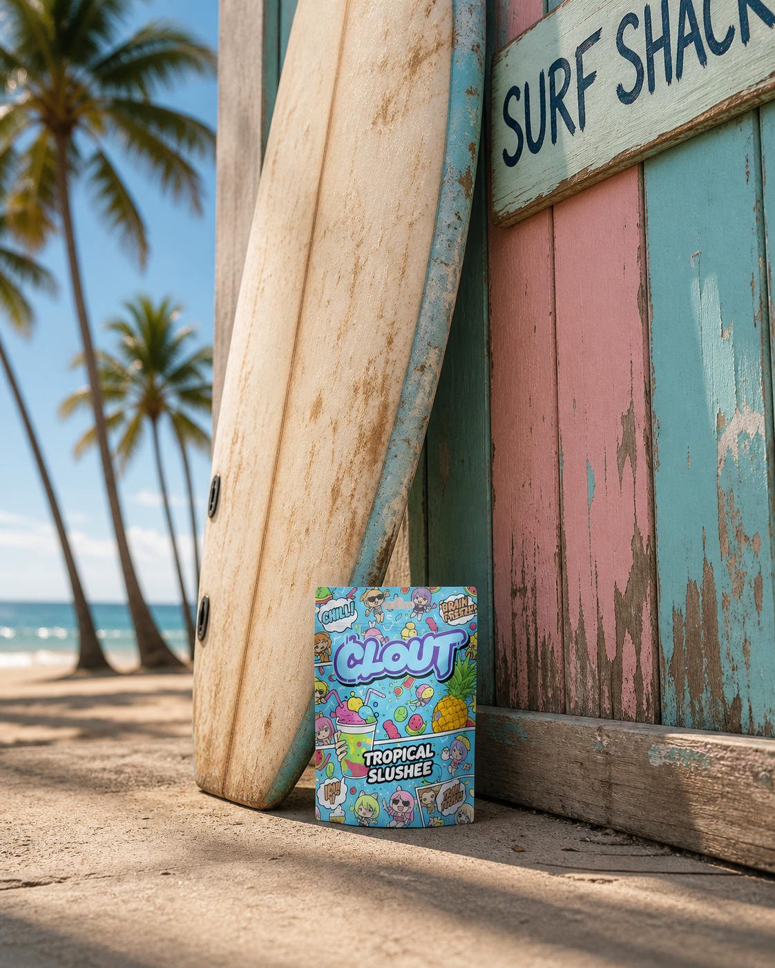 Tropical Slushee CLOUT bag in a beachside surf shack lifestyle scene