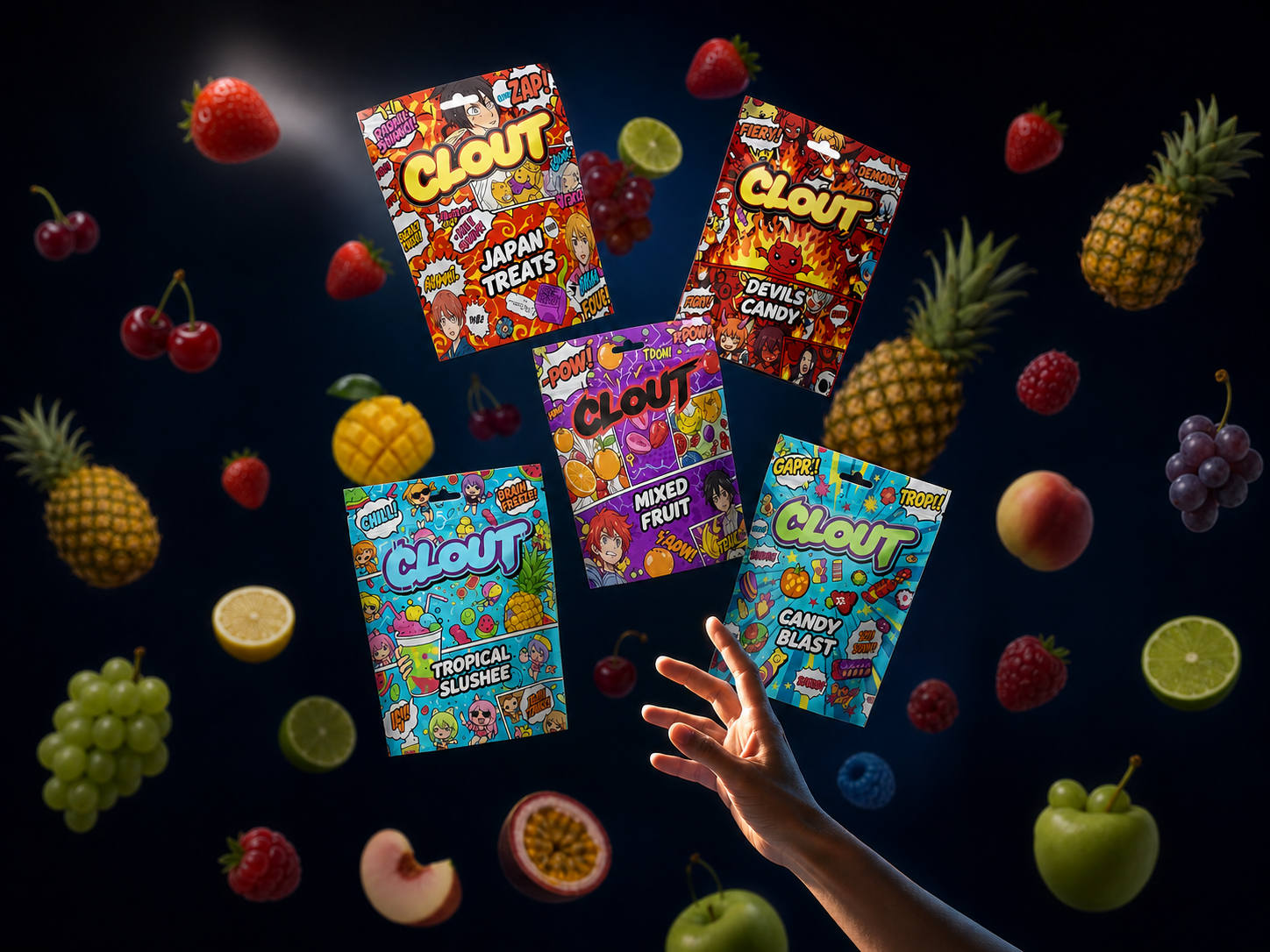 Five CLOUT bags floating in air with a hand reaching up to grab one, surrounded by tropical fruits